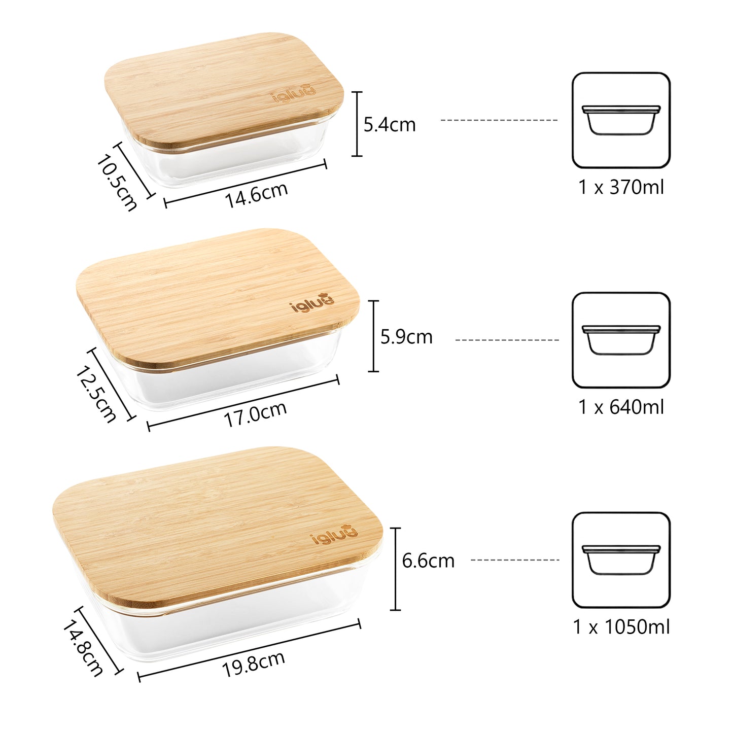 Contenitori in vetro con coperchi in bambù - Set di 3