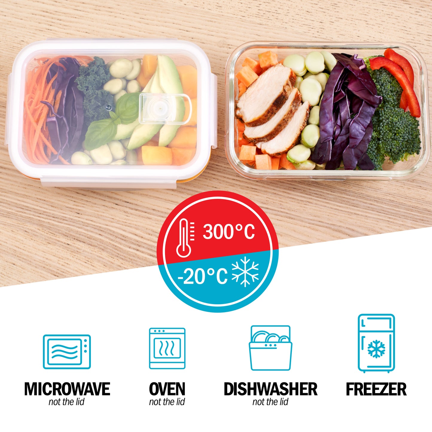 1-Compartment Glass Containers with Steam Vent Lids - 840ml - 5 PACK + 1 extra lid