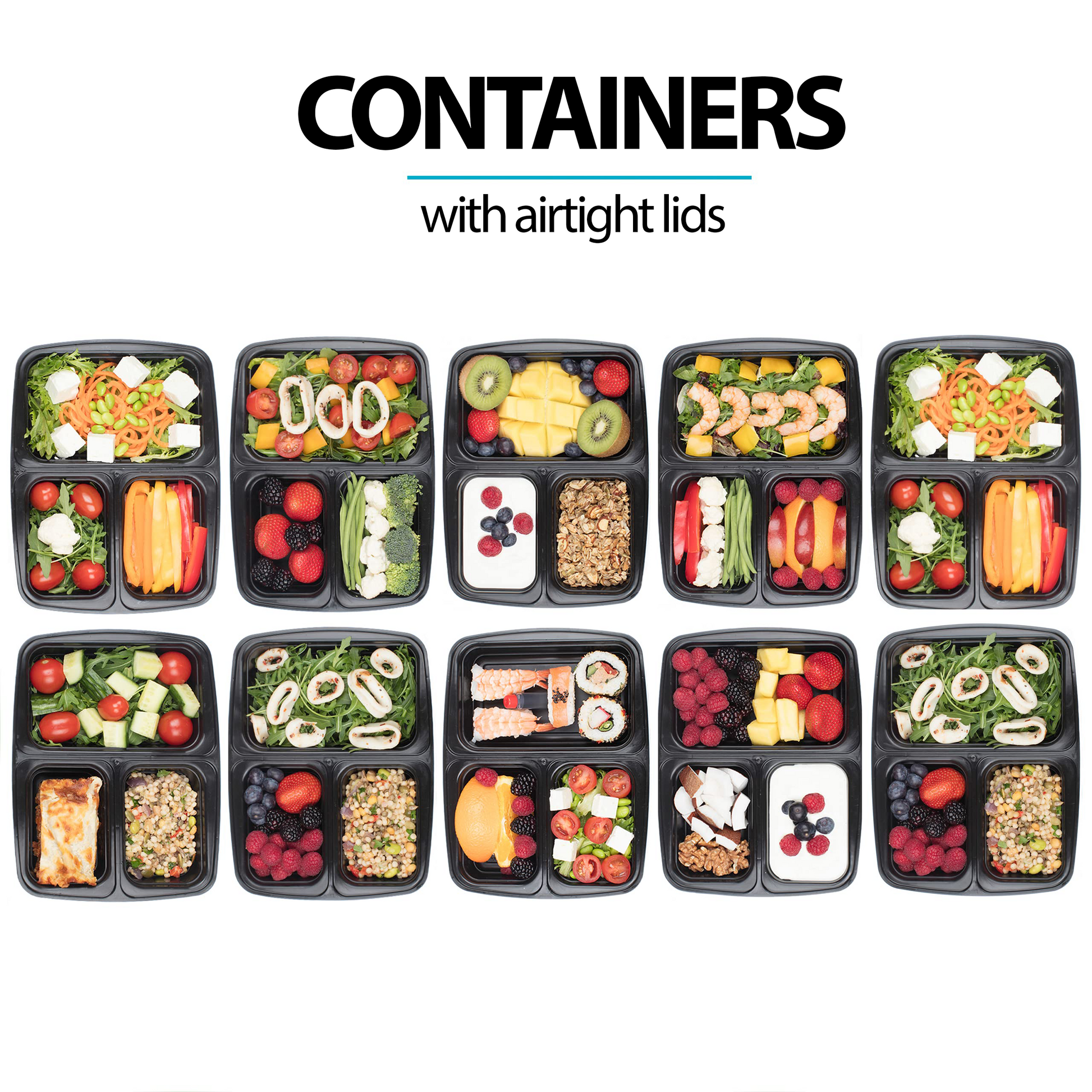 Asporto 26 oz Black Plastic 3 Compartment Food Container - with