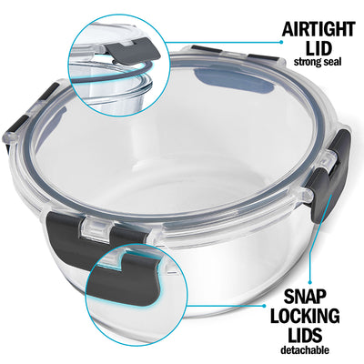 Round Glass Meal Prep Containers with Locking Lids - 3 Pack