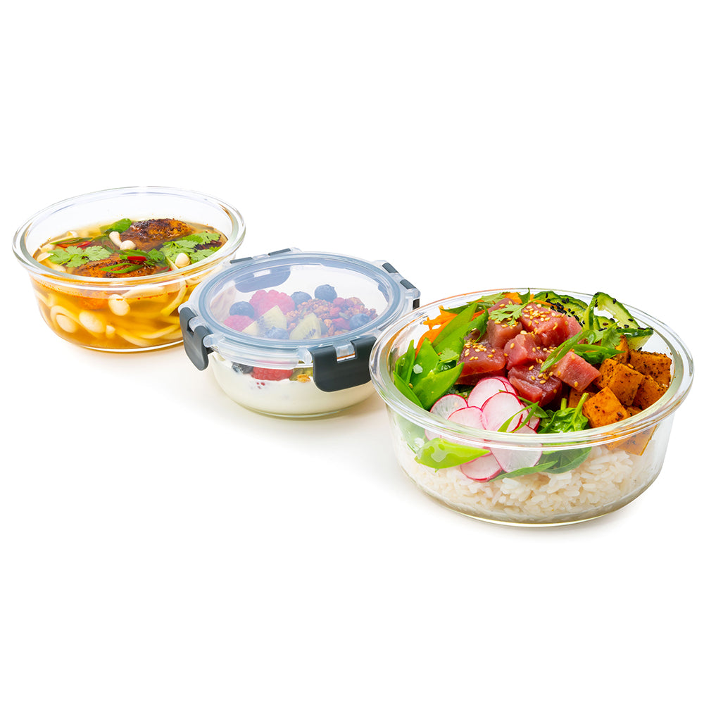 Round Glass Meal Prep Containers with Locking Lids - 3 Pack