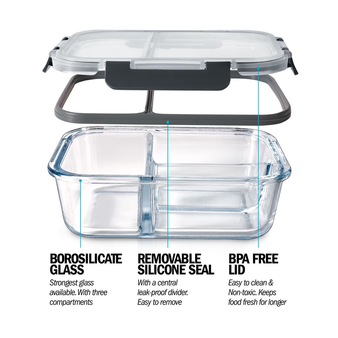 3 Compartment Glass Meal Prep Containers with Locking Lids - 3 Pack
